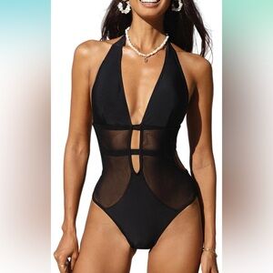 CUPSHE One Piece Swimsuit Deep V Neck Halter Back Tie Mesh